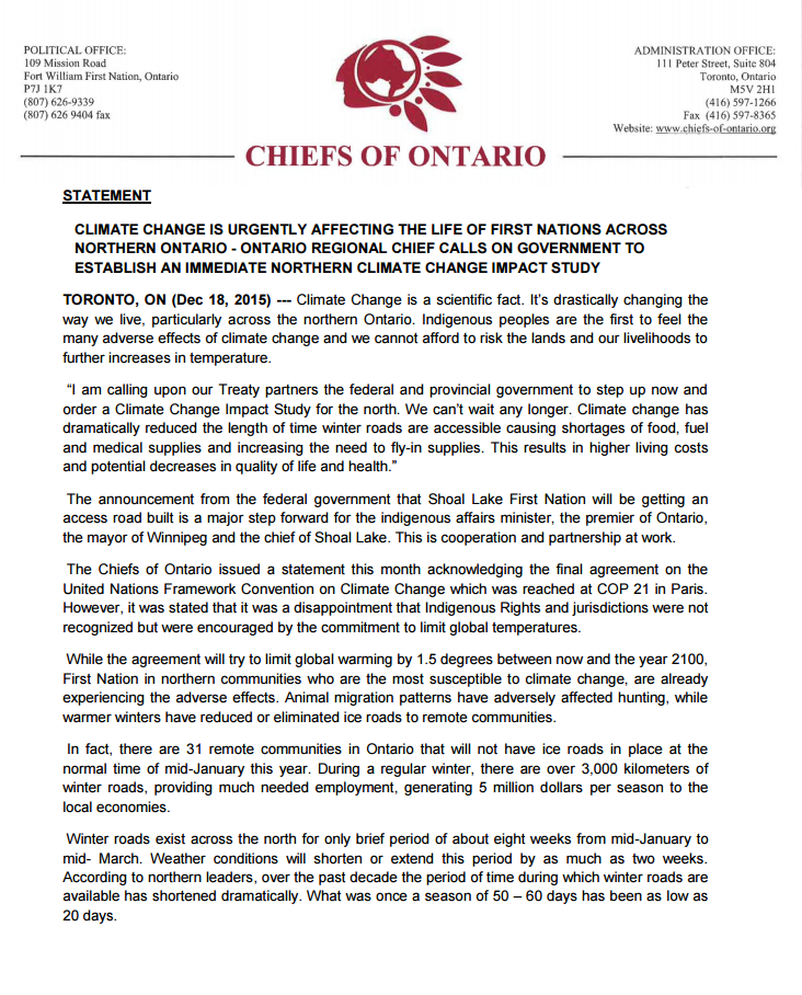 Chiefs of Ontario climate change press release document