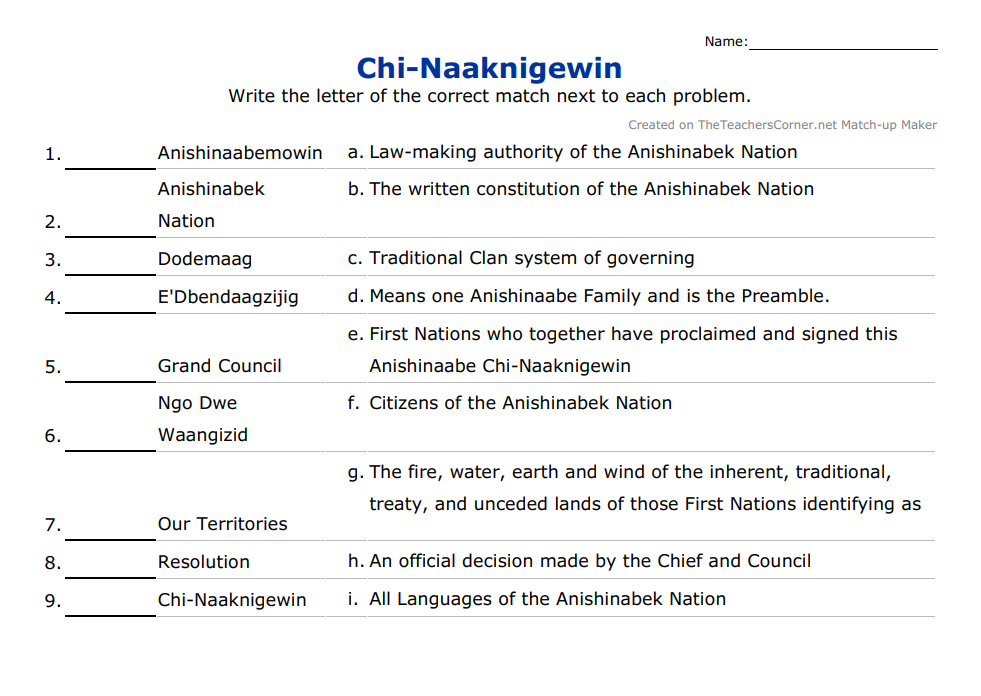 Chi-Naaknigewin classroom matching activity